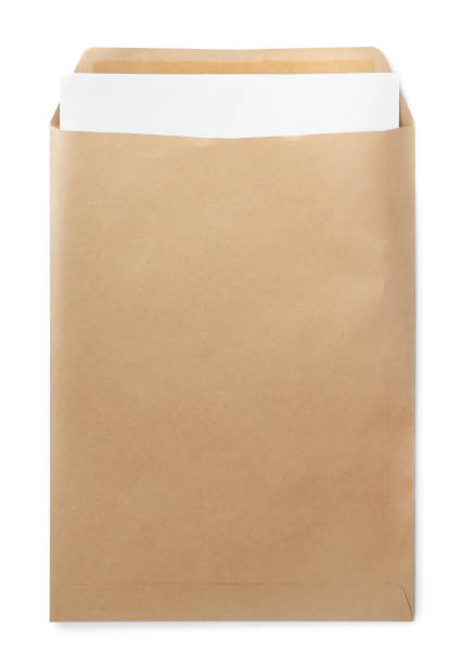 istock Kraft envelope with sheet of paper isolated on white 1450015094