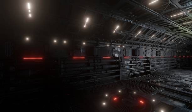 istock Metal pipe lines with corridor grating in dark scene 1450015116
