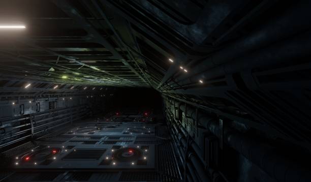 istock Side view metal ceiling laboratory archtiecture in dark scene 1450015141