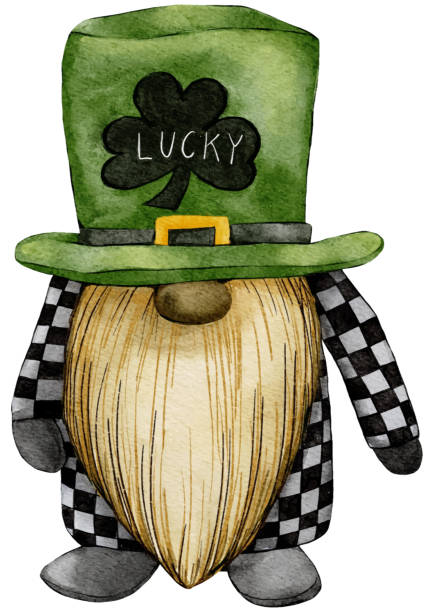 illustrations, cliparts, dessins animés et icônes de st patrick jour leprechaun avec quatre feuilles trèfles, carte de vœux un gnomes avec trèfle un symboles de chance. collection vector aquarelle verte naines scandinaves dans le style celtique, irlandais - clover st patricks day four leaf clover luck