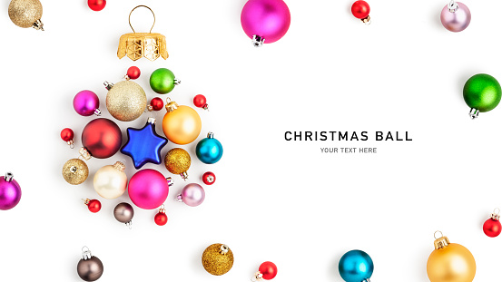 Christmas baubles, colorful balls creative layout isolated on white background. Design element. Holiday decoration. Flat lay, top view