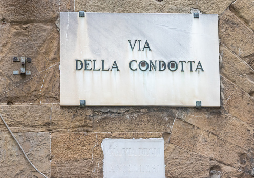 Street Name Sign for Via Della Condotta at Florence in Tuscany, Italy