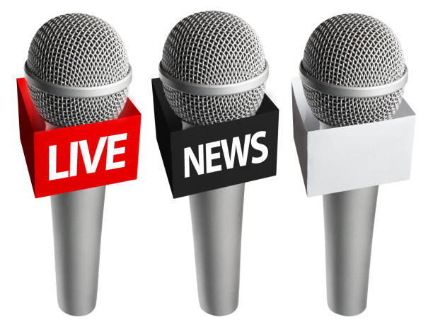 istock Mass media microphones collection on white 1450017619