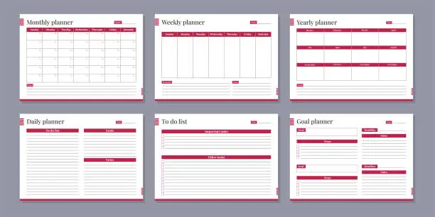 Vector illustration of Set of planners pages. Daily, weekly, monthly, yearly, and goal planner templates.  Business organizer. Vector illustration