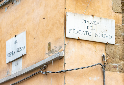 Street Name Sign for Piazza del Mercato Nuovo at Florence in Tuscany, Italy