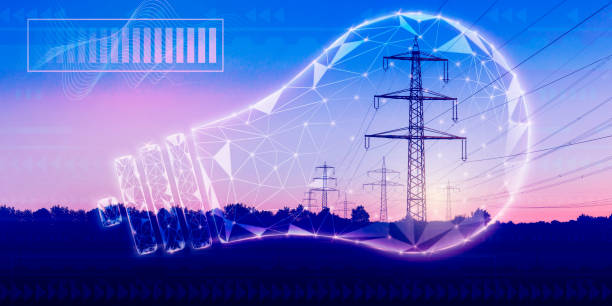 istock Energy security. Symbolic light bulb with high-voltage power lines in neon glow for design on theme of energy industry. Transmission and supply, sale of electricity concept. Low-poly design on photo 1450019939