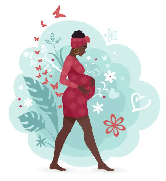 Vector illustration of Happy Pregnant African Woman holding her belly.