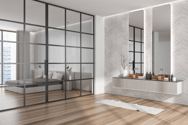 istock Corner view on bright bedroom and bathroom interior with bed 1450021914