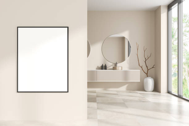 istock Light bathroom interior with sink and mirror, panoramic window. Mock up frame 1450022053