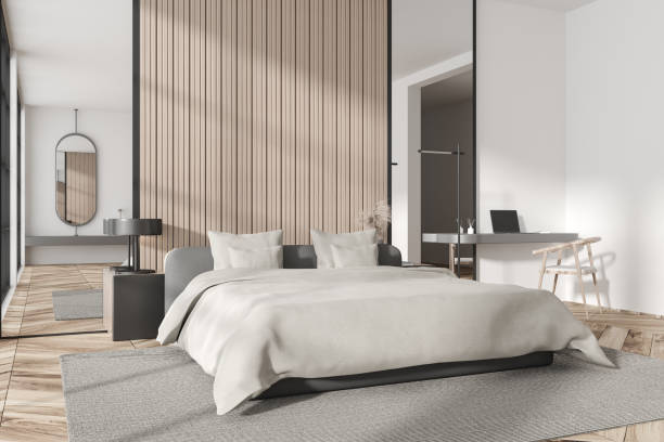 istock Light bedroom interior bed and desk with armchair, sink and mirror. Empty wall 1450022111