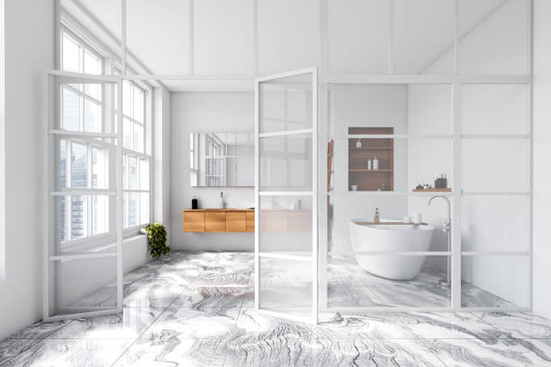 istock Light bathroom interior with tub and double sink, panoramic window 1450023138