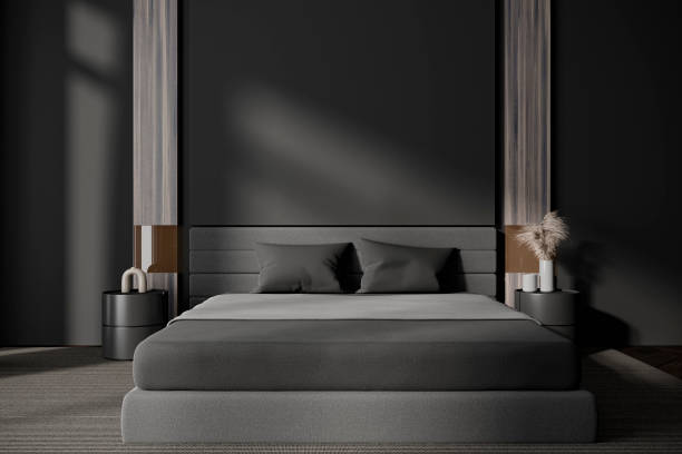 istock Black bedroom interior with bed and decoration on nightstand. Mockup wall 1450023164