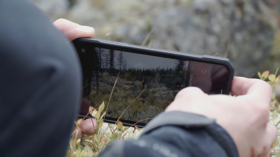 Tourists take photos of the participants of the hike in the forest on their phone. CLIP. A family poses for a photographer during their journey.