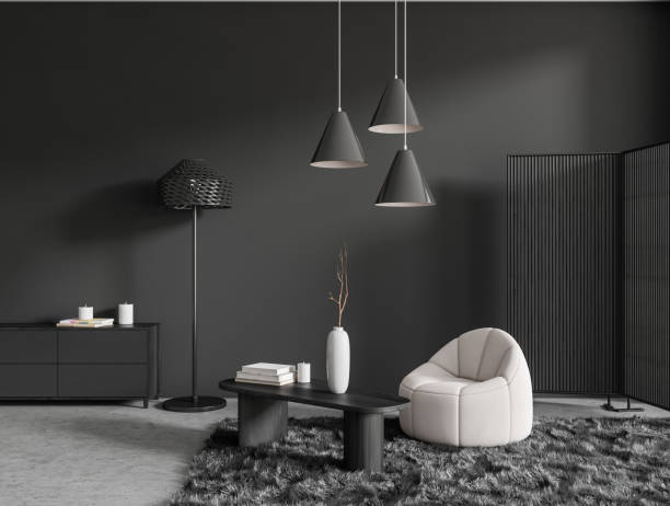 istock Dark living room interior with armchair, coffee table, carpet, partition 1450023272