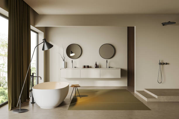 istock Stylish bathroom interior with bathtub, sink and douche, panoramic window 1450023727