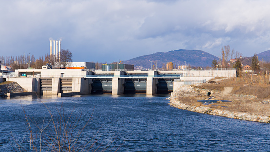 View of the hydro-electric power plant Puntigam in Graz, Austria