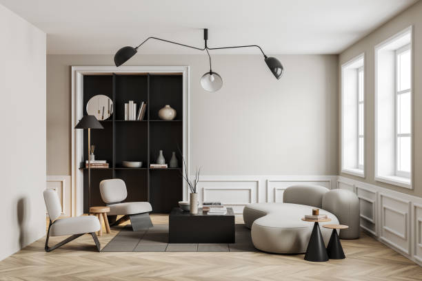istock Luxury chill interior with couch and armchairs with decor. Mockup empty wall 1450024483