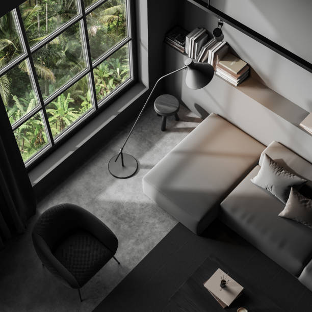 istock Top view on dark living room interior with sofa, window 1450024587