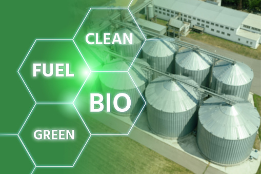 Agricultural silo with text infographics. Carbon neutral bio fuel decarbonization concept