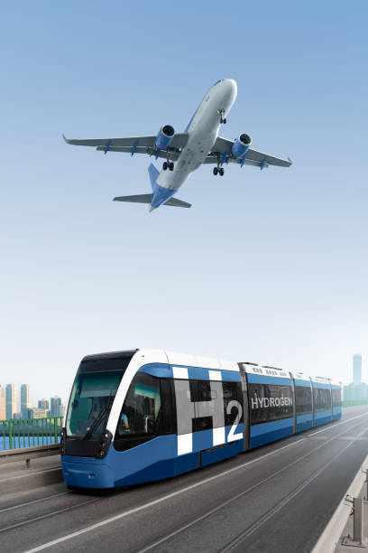 istock A hydrogen fuel cell tram and plane in the sky. 1450027532