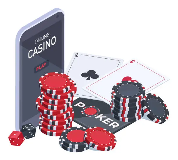 Vector illustration of Isometric online poker game. Gambling mobile app, online casino with cards, dice and chips, internet poker game vector illustration isolated on white background