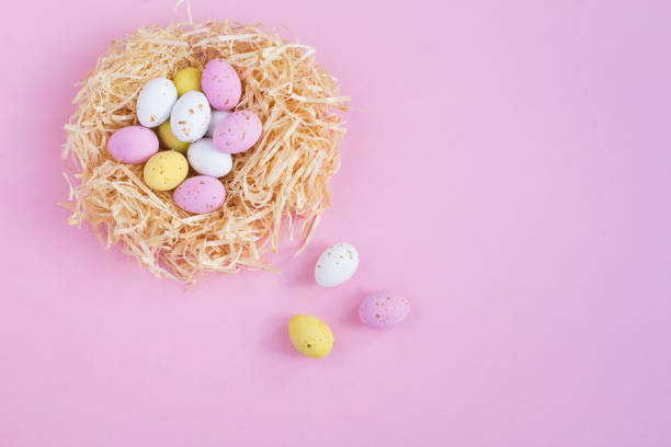 istock Colored easter eggs in a nest of straw on the pink background. Copy space. Top view. 1450029271