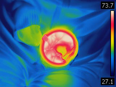 Image taken with Flir T420 infra red digital camera. Each color represents different temperatures, as is shown on spectrum scale on right side of image.
