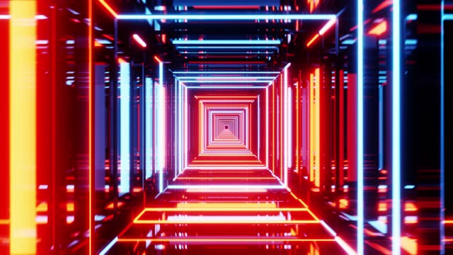 4K Video Animation. Endless loop futuristic tunnel with multicolored neon lights background. Square tunnel. Futuristic, Sci-Fi and technology concept.