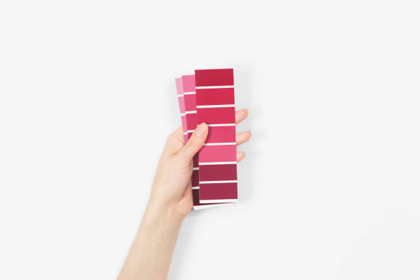 color swatches with color of the year 2023 - viva magenta. color trend palette. top view, flat lay. - viva magenta stok fotoğraflar ve resimler