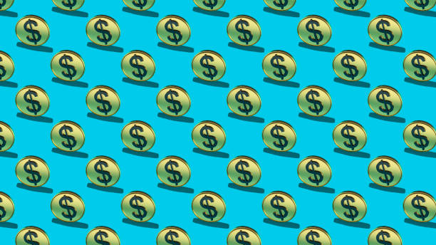 istock Seamless graphic pattern with a gilded coin with a dollar symbol and a hard shadow on a blue background. 3D rendering. Finance concept 1450033823