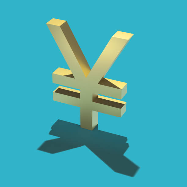 istock Gilded yen symbol with hard shadow on blue background - blank for seamless graphic pattern. 3D rendering. Finance concept. Layout 1450033921