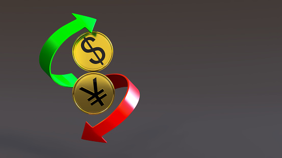 Gold-plated coins with dollar and yen symbols surrounded by two arrows on a dark background. The concept of finance, currency exchange, forex. 3D rendering.