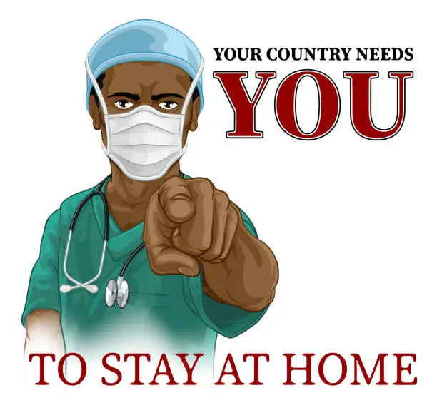 Vector illustration of Doctor Nurse Needs You Stay Home Pointing Poster