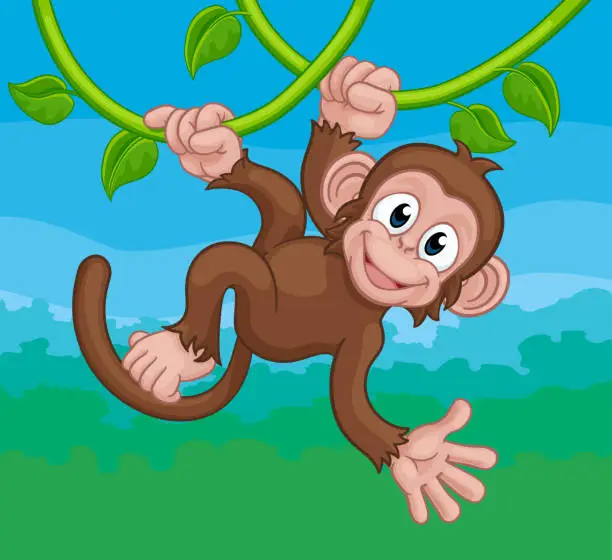 Vector illustration of Monkey Singing On Jungle Vines Waving Cartoon