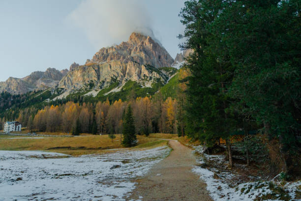 Scenic view of footpath in the snow in Dolomites in winter