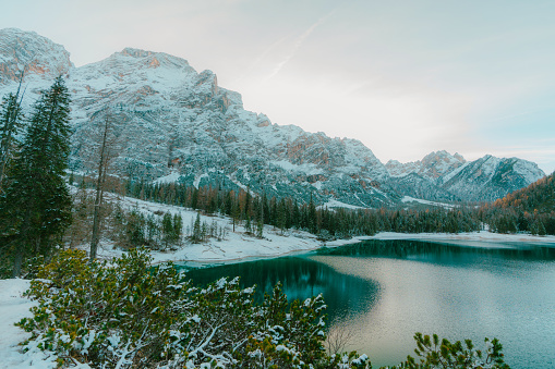 Scenic view of Lago di Braies in  midseason with snow