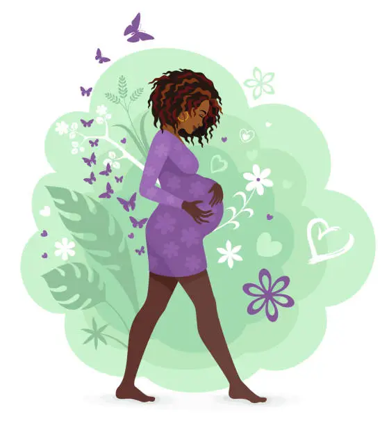 Vector illustration of Happy Pregnant African Woman holding her belly.