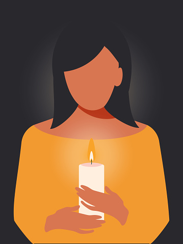 A burning candle in the hands of a woman on a black vertical background illuminates and warms their home. Ukraine without electricity and heat in 2022. vector
