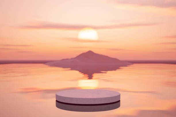 istock 3D podium with copy space for product display presentation on tropical sunset beach abstract background. Tropical summer and vacation concept. 1450047248