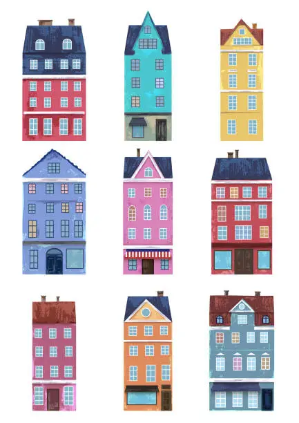 Vector illustration of City houses in bright colors with grunge textures