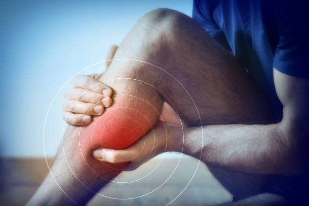 Representation of pain in the calf in red on blue stock photo