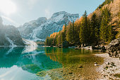 Scenic view of Lago di Braies lake in winter