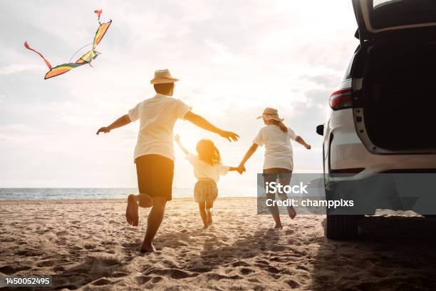Happy Family With Car Travel Road Trip Summer Vacation In Car In The Sunset Dad Mom And Daughter Happy Traveling Enjoy Together Driving In Holidays People Lifestyle Ride By Automobile Stock Photo - Download Image Now