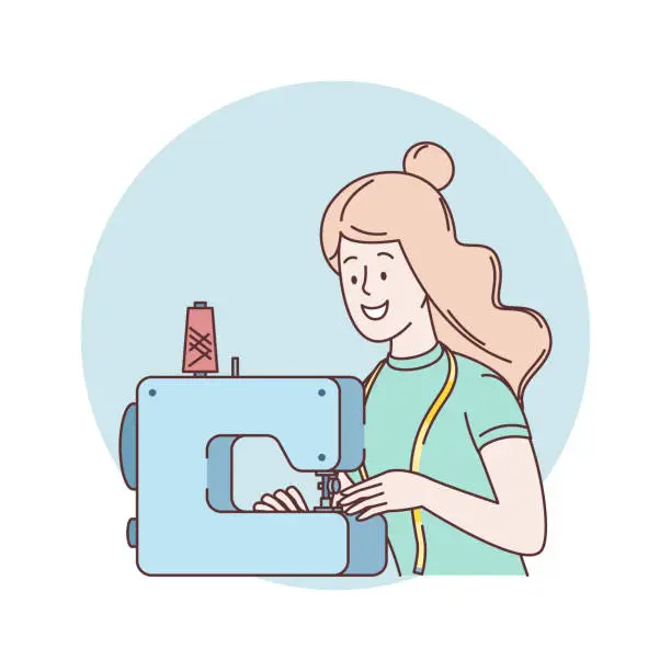 Vector illustration of Seamstress sewing on an industrial sewing machine. Young seamstress at work in a cloth factory. A woman housewife sews on the sewing machine. Fashion and tailoring concept. Vector flat illustration