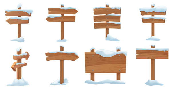 Wooden board and arrow in winter set, blank vintage signage for announcement on road Wooden board and arrow in winter set vector illustration. Cartoon blank vintage signage for announcement on snowy road, signboard decoration with wood texture, snow drift and icicle isolated on white icicle cartoon stock illustrations