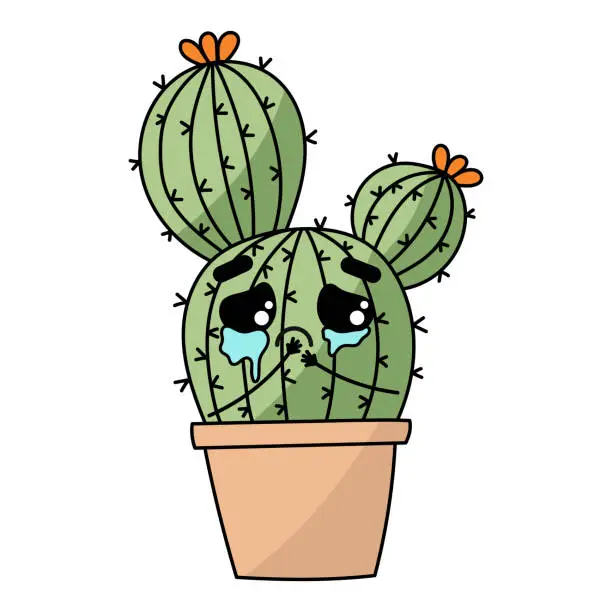 Vector illustration of Cute sad cry dried cactus. Vector flat cartoon