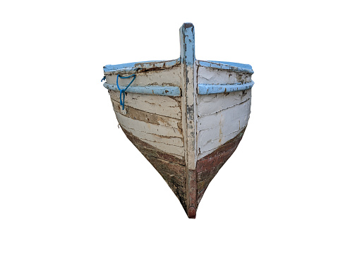 Vintage white shabby small wooden rowboat front view isolated on white