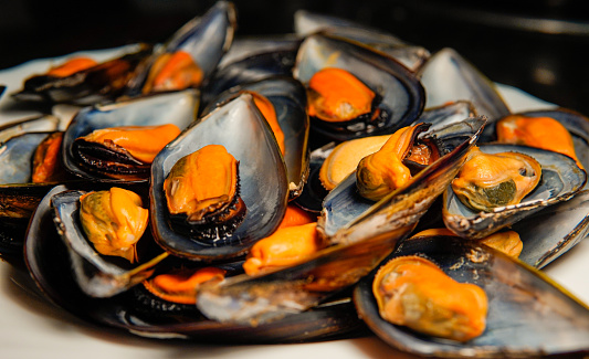 a stack of raw mussels on a plate. Typical Galician and Spanish food
