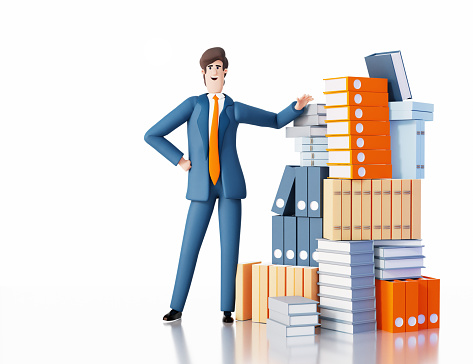 Happy, confident businessman with lots of files and documents. 3D rendering illustration