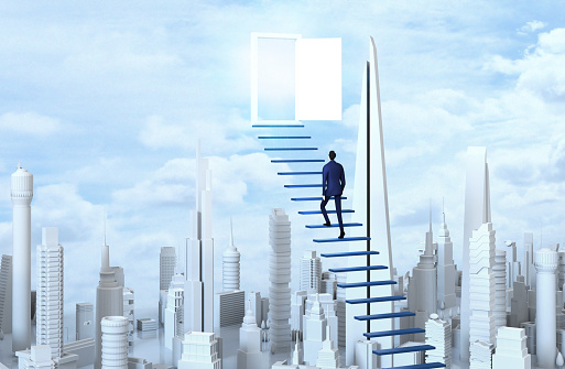 Way to the success. Successful businessman climbing up the stairs. Achieving goals, making career, professional growth, banking, investment advisory, making money concept. 3D rendering illustration.